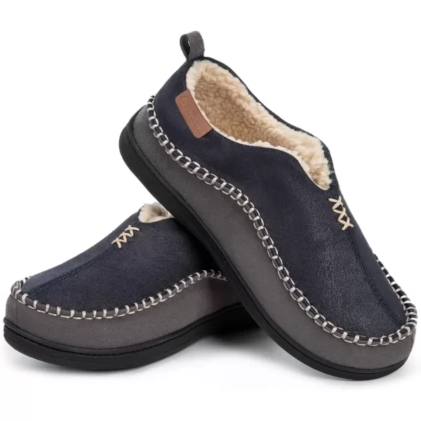imageEverFoams Mens Moccasin Slippers Memory Foam IndoorOutdoor Warm Suede House Shoes with Fuzzy Sherpa LiningNavy