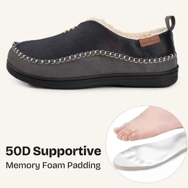 imageEverFoams Mens Moccasin Slippers Memory Foam IndoorOutdoor Warm Suede House Shoes with Fuzzy Sherpa LiningNavy