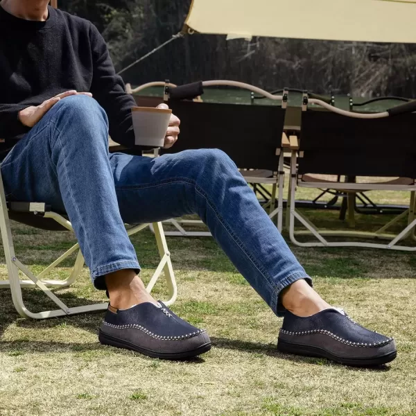 imageEverFoams Mens Moccasin Slippers Memory Foam IndoorOutdoor Warm Suede House Shoes with Fuzzy Sherpa LiningNavy