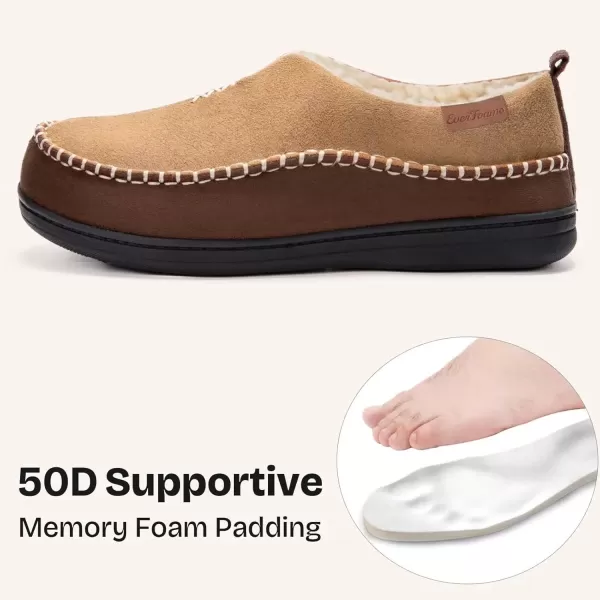 imageEverFoams Mens Moccasin Slippers Memory Foam IndoorOutdoor Warm Suede House Shoes with Fuzzy Sherpa LiningTan
