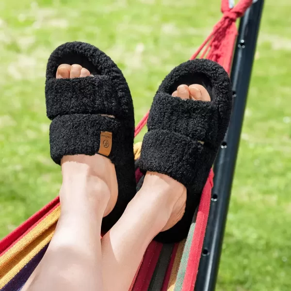 imageEverFoams Womens Fuzzy Opentoe Slippers Soft Comfy Memory Foam Indoor House ShoesMatt Black