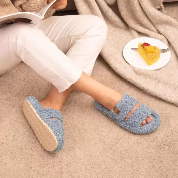 imageEverFoams Womens Fuzzy Opentoe Slippers Soft Comfy Memory Foam Indoor House ShoesVibrant Light Blue