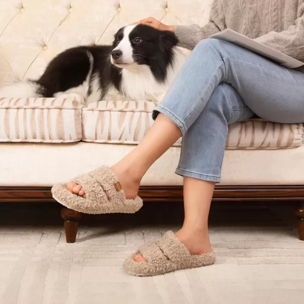 imageEverFoams Womens Fuzzy Opentoe Slippers Soft Comfy Memory Foam Indoor House ShoesVintage Khaki