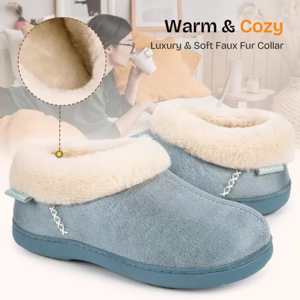 imageEverFoams Womens Micro Suede Cozy Memory Foam Winter Slippers with Fuzzy Faux Fur Collar and Indoor Outdoor Rubber SoleBlue