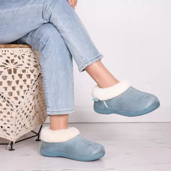 imageEverFoams Womens Micro Suede Cozy Memory Foam Winter Slippers with Fuzzy Faux Fur Collar and Indoor Outdoor Rubber SoleBlue