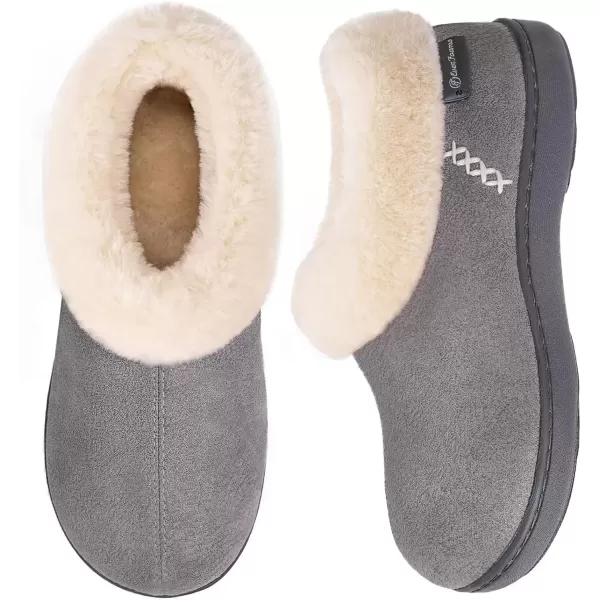 imageEverFoams Womens Micro Suede Cozy Memory Foam Winter Slippers with Fuzzy Faux Fur Collar and Indoor Outdoor Rubber SoleGrey