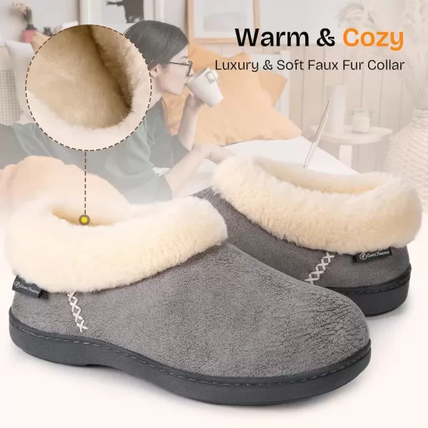 imageEverFoams Womens Micro Suede Cozy Memory Foam Winter Slippers with Fuzzy Faux Fur Collar and Indoor Outdoor Rubber SoleGrey