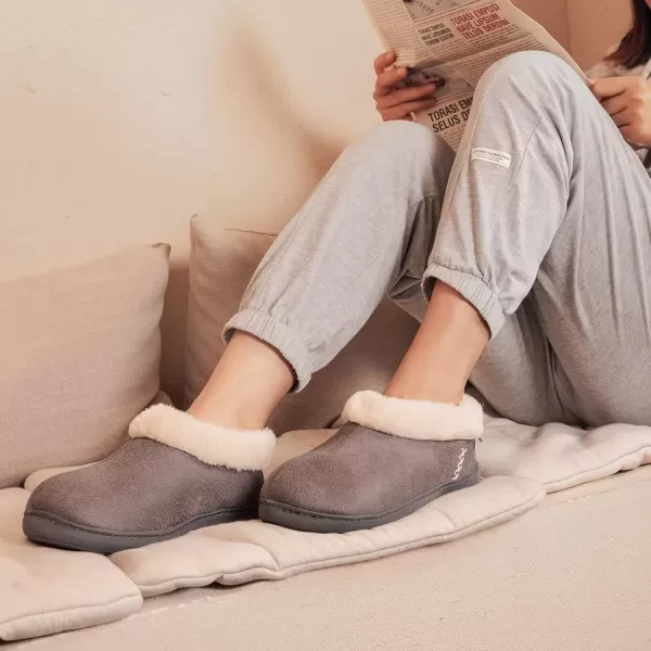 imageEverFoams Womens Micro Suede Cozy Memory Foam Winter Slippers with Fuzzy Faux Fur Collar and Indoor Outdoor Rubber SoleGrey