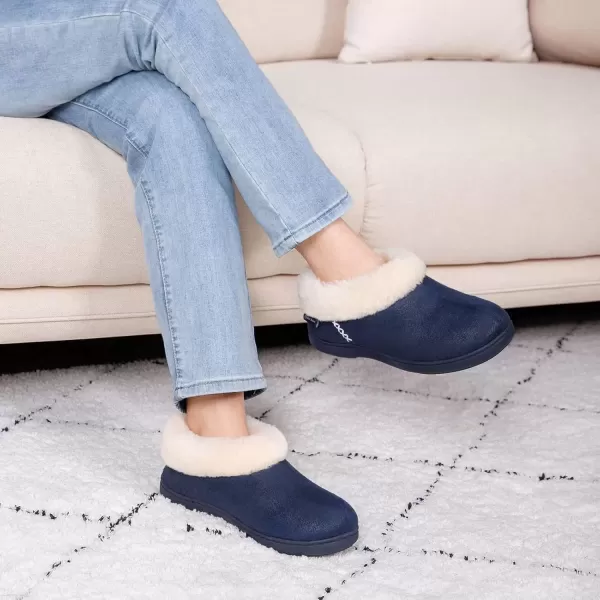 imageEverFoams Womens Micro Suede Cozy Memory Foam Winter Slippers with Fuzzy Faux Fur Collar and Indoor Outdoor Rubber SoleSailor Blue