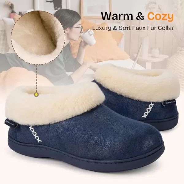 imageEverFoams Womens Micro Suede Cozy Memory Foam Winter Slippers with Fuzzy Faux Fur Collar and Indoor Outdoor Rubber SoleSailor Blue