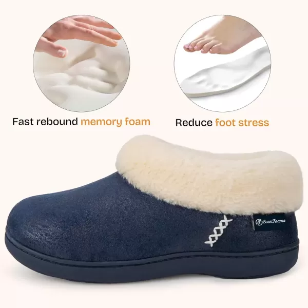imageEverFoams Womens Micro Suede Cozy Memory Foam Winter Slippers with Fuzzy Faux Fur Collar and Indoor Outdoor Rubber SoleSailor Blue