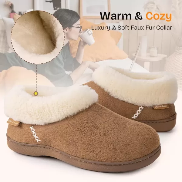 imageEverFoams Womens Micro Suede Cozy Memory Foam Winter Slippers with Fuzzy Faux Fur Collar and Indoor Outdoor Rubber SoleTan