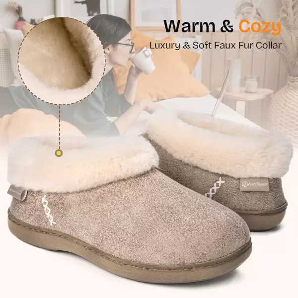 imageEverFoams Womens Micro Suede Cozy Memory Foam Winter Slippers with Fuzzy Faux Fur Collar and Indoor Outdoor Rubber SoleTaupe