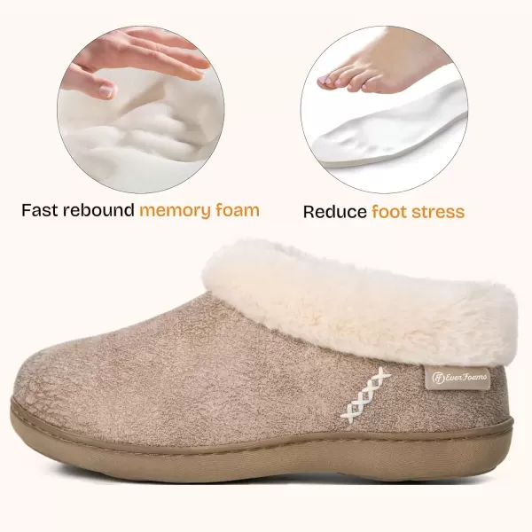 imageEverFoams Womens Micro Suede Cozy Memory Foam Winter Slippers with Fuzzy Faux Fur Collar and Indoor Outdoor Rubber SoleTaupe