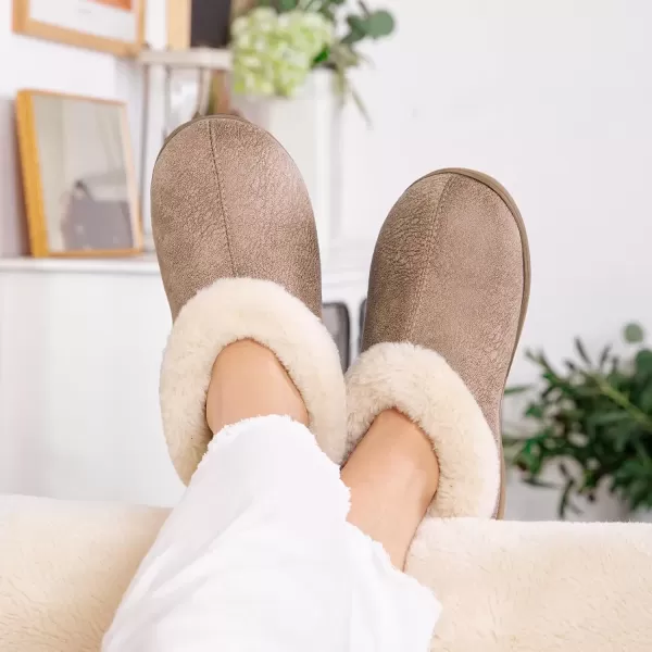 imageEverFoams Womens Micro Suede Cozy Memory Foam Winter Slippers with Fuzzy Faux Fur Collar and Indoor Outdoor Rubber SoleTaupe