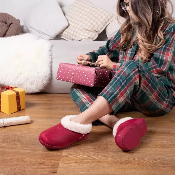 imageEverFoams Womens Micro Suede Cozy Memory Foam Winter Slippers with Fuzzy Faux Fur Collar and Indoor Outdoor Rubber SoleWine Red