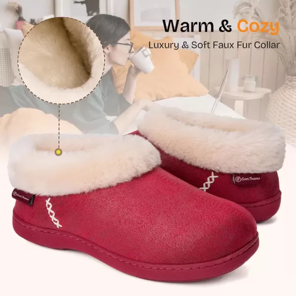 imageEverFoams Womens Micro Suede Cozy Memory Foam Winter Slippers with Fuzzy Faux Fur Collar and Indoor Outdoor Rubber SoleWine Red
