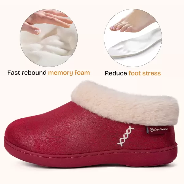 imageEverFoams Womens Micro Suede Cozy Memory Foam Winter Slippers with Fuzzy Faux Fur Collar and Indoor Outdoor Rubber SoleWine Red