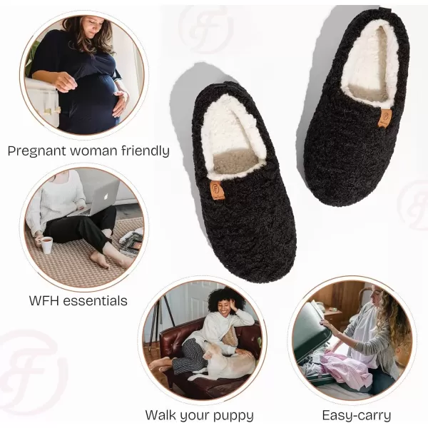 imageEverFoams Womens Soft Curly Full Slippers Memory Foam Lightweight House Shoes Cozy Loafer with Polar Fleece LiningBlack
