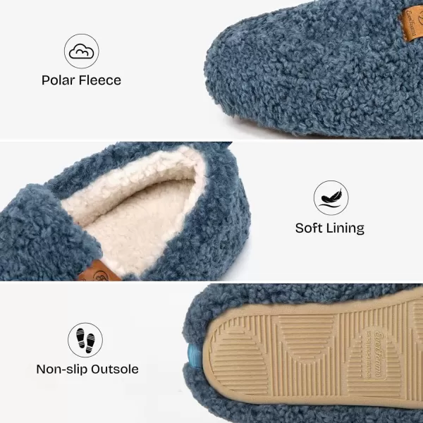 imageEverFoams Womens Soft Curly Full Slippers Memory Foam Lightweight House Shoes Cozy Loafer with Polar Fleece LiningBlue
