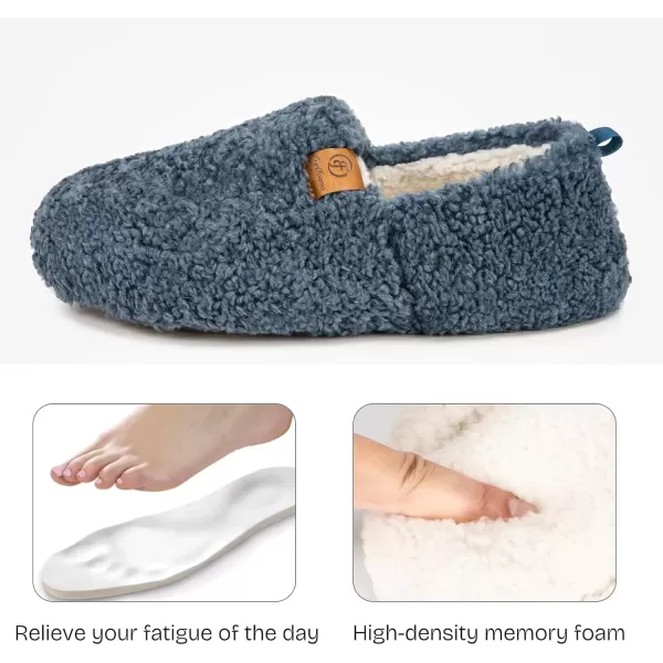 imageEverFoams Womens Soft Curly Full Slippers Memory Foam Lightweight House Shoes Cozy Loafer with Polar Fleece LiningBlue
