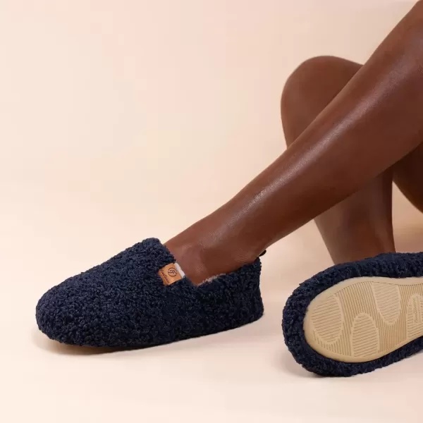 imageEverFoams Womens Soft Curly Full Slippers Memory Foam Lightweight House Shoes Cozy Loafer with Polar Fleece LiningDark Navy