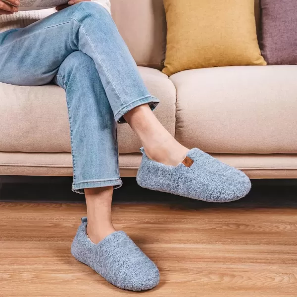 imageEverFoams Womens Soft Curly Full Slippers Memory Foam Lightweight House Shoes Cozy Loafer with Polar Fleece LiningLight Blue