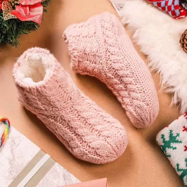 imageEverFoams Womens Yarn Cable Knit Fuzzy Slipper Socks with GrippersPink
