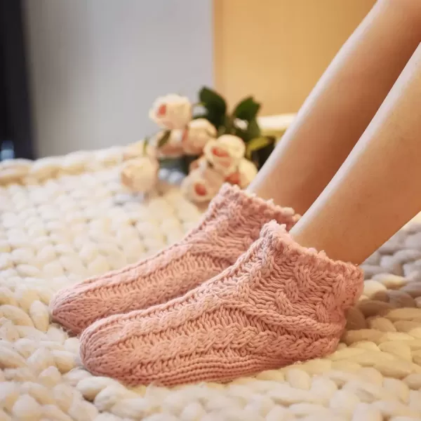 imageEverFoams Womens Yarn Cable Knit Fuzzy Slipper Socks with GrippersPink