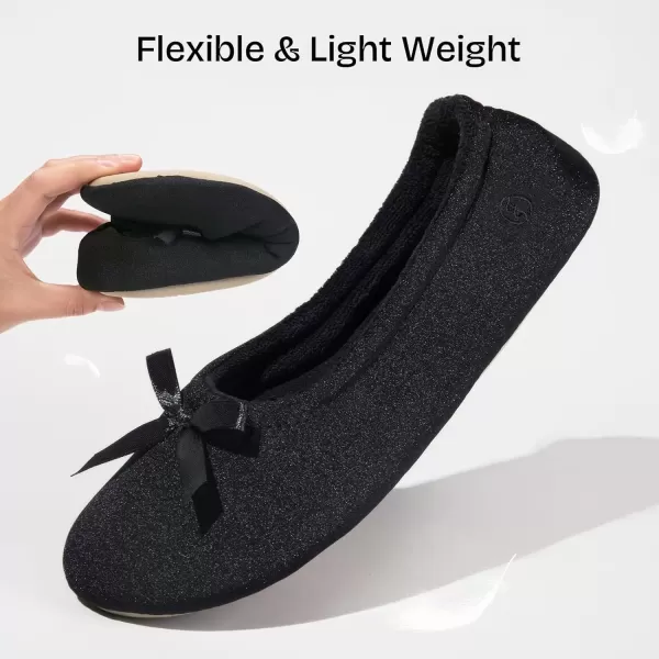 imageEverFoams Womens Satin Memory Foam Ballerina Slippers Cute House Shoes with Indoor Rubber SoleBlack