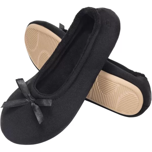imageEverFoams Womens Satin Memory Foam Ballerina Slippers Cute House Shoes with Indoor Rubber SoleBlack