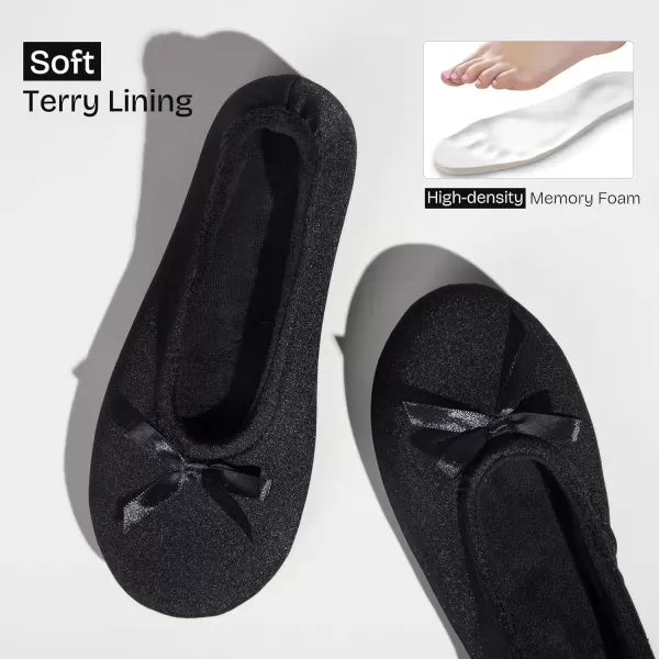 imageEverFoams Womens Satin Memory Foam Ballerina Slippers Cute House Shoes with Indoor Rubber SoleBlack