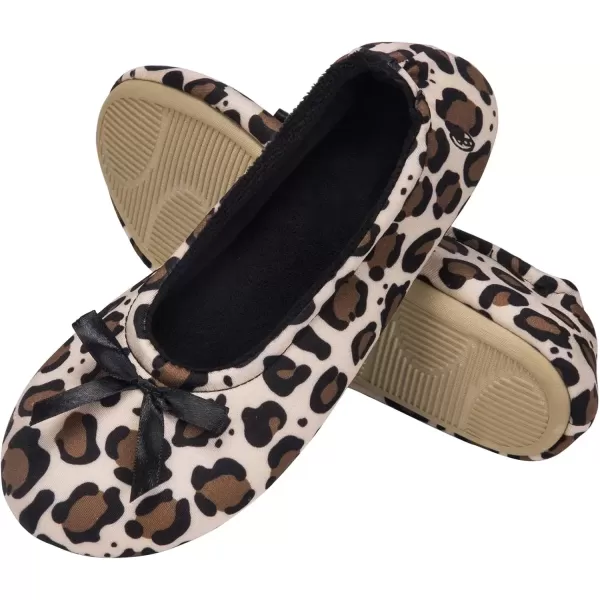 imageEverFoams Womens Satin Memory Foam Ballerina Slippers Cute House Shoes with Indoor Rubber SoleLeopard