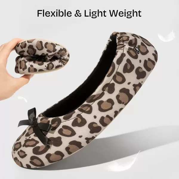 imageEverFoams Womens Satin Memory Foam Ballerina Slippers Cute House Shoes with Indoor Rubber SoleLeopard