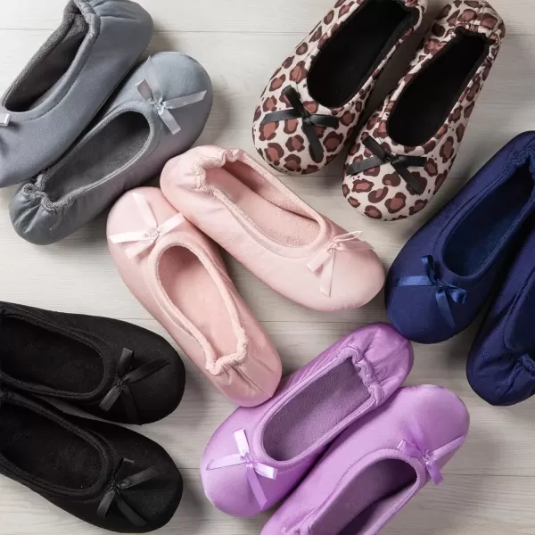 imageEverFoams Womens Satin Memory Foam Ballerina Slippers Cute House Shoes with Indoor Rubber SoleLeopard