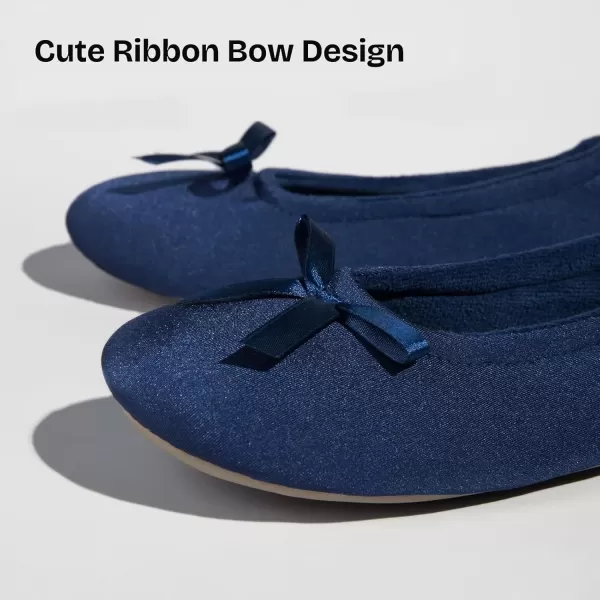 imageEverFoams Womens Satin Memory Foam Ballerina Slippers Cute House Shoes with Indoor Rubber SoleNavy Blue