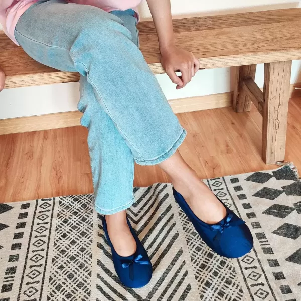 imageEverFoams Womens Satin Memory Foam Ballerina Slippers Cute House Shoes with Indoor Rubber SoleNavy Blue