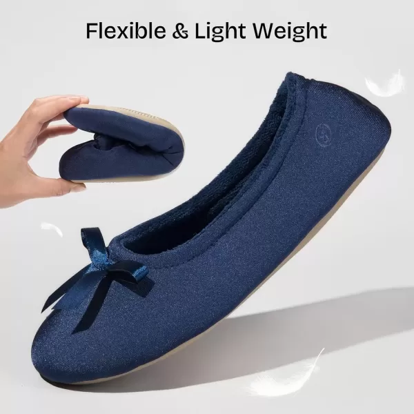 imageEverFoams Womens Satin Memory Foam Ballerina Slippers Cute House Shoes with Indoor Rubber SoleNavy Blue