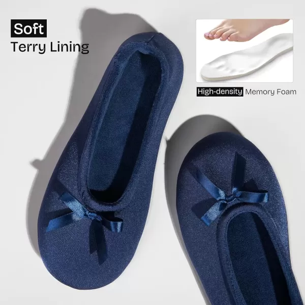 imageEverFoams Womens Satin Memory Foam Ballerina Slippers Cute House Shoes with Indoor Rubber SoleNavy Blue