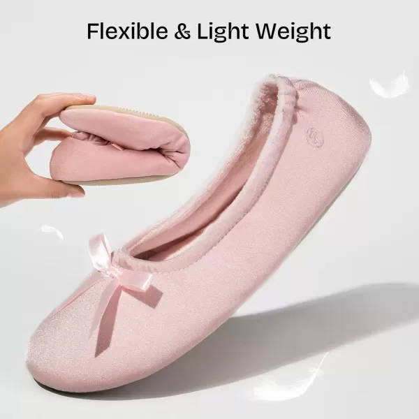 imageEverFoams Womens Satin Memory Foam Ballerina Slippers Cute House Shoes with Indoor Rubber SolePink