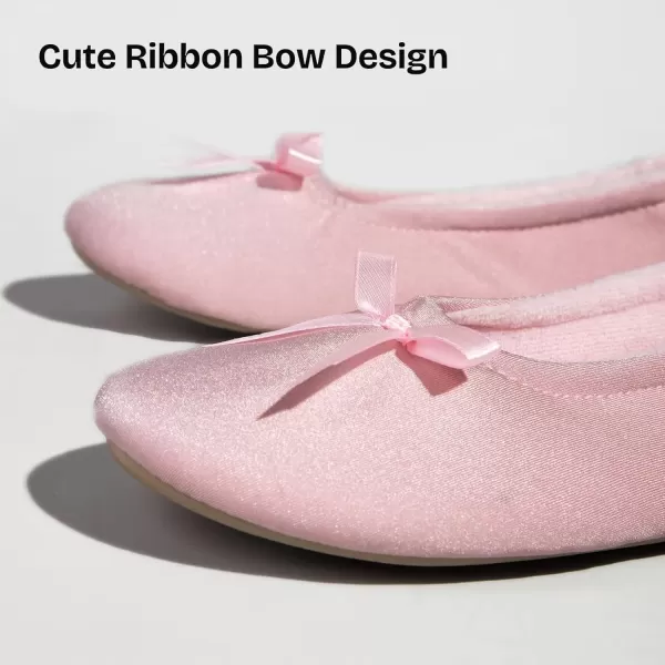imageEverFoams Womens Satin Memory Foam Ballerina Slippers Cute House Shoes with Indoor Rubber SolePink