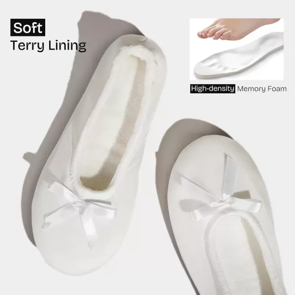 imageEverFoams Womens Satin Memory Foam Ballerina Slippers Cute House Shoes with Indoor Rubber SoleWhite