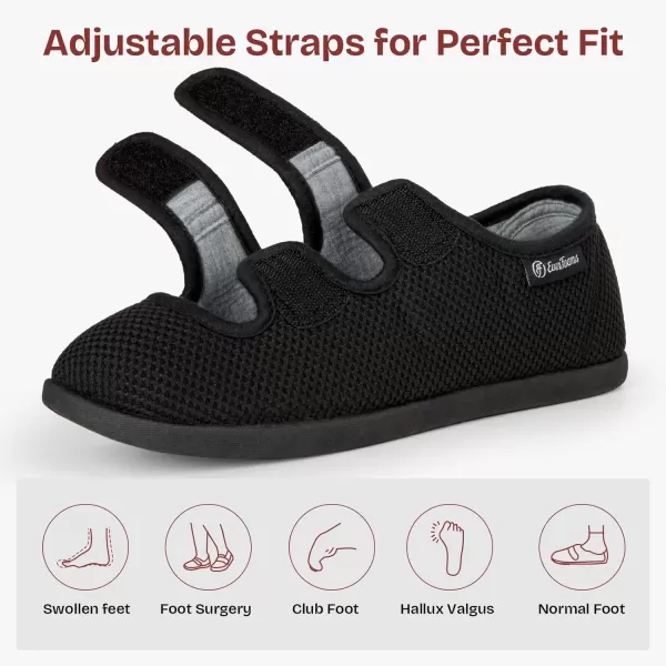 imageEverFoams Womens Breathable Knitted Slippers Adjustable Hook and Loop Straps Indoor House Shoes for Diabetic Swollen FeetCarbon Black