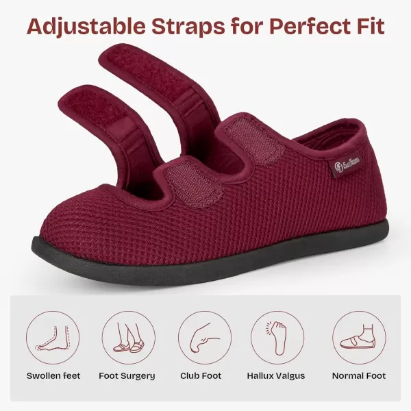 imageEverFoams Womens Breathable Knitted Slippers Adjustable Hook and Loop Straps Indoor House Shoes for Diabetic Swollen FeetHaute Red