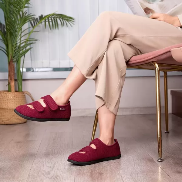 imageEverFoams Womens Breathable Knitted Slippers Adjustable Hook and Loop Straps Indoor House Shoes for Diabetic Swollen FeetHaute Red