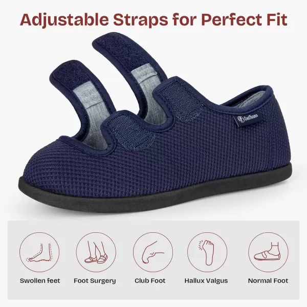 imageEverFoams Womens Breathable Knitted Slippers Adjustable Hook and Loop Straps Indoor House Shoes for Diabetic Swollen FeetMidnight Navy