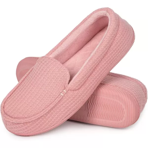 imageEverFoams Womens Lightweight Indoor Outdoor Memory Foam House Shoes Comfy Breathable Waffle Knitted Moccasins Loafer SlippersPink