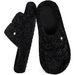 imageEverFoams Womens Fashionable Opentoe Slippers with Cozy Plush NonSlip SoleDark Black
