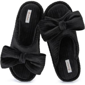 imageEverFoams Womens OpenToe Bow Slippers with Memory Foam Indoor NonSlip SoleMatte Black