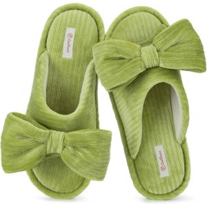 imageEverFoams Womens OpenToe Bow Slippers with Memory Foam Indoor House NonSlip SoleGreen Olive